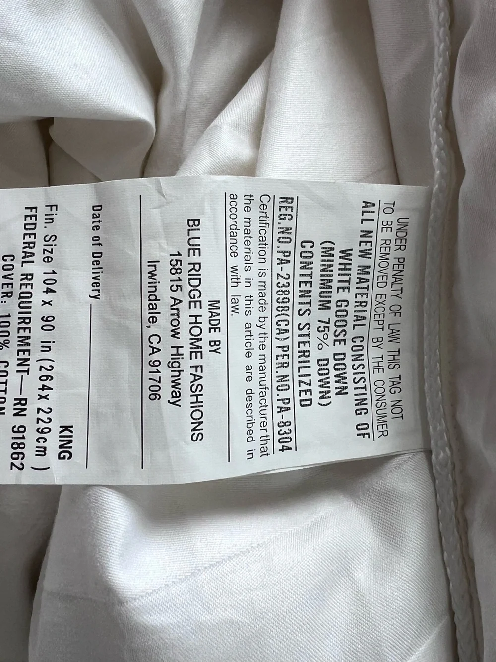 Blue Ridge Home Fashion 500 thread count premium white down king size comforter